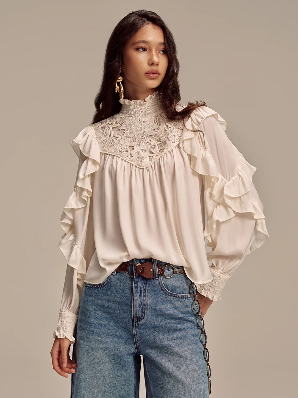 Commense Embroidered Mock Neck Cream Lace Yoke Ruffle Blouse